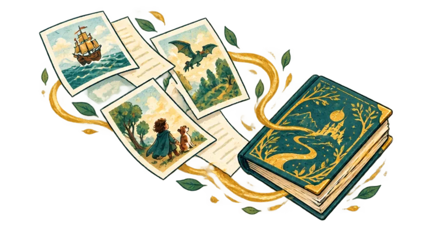 Illustrated pages gathering into a finished hardcover book