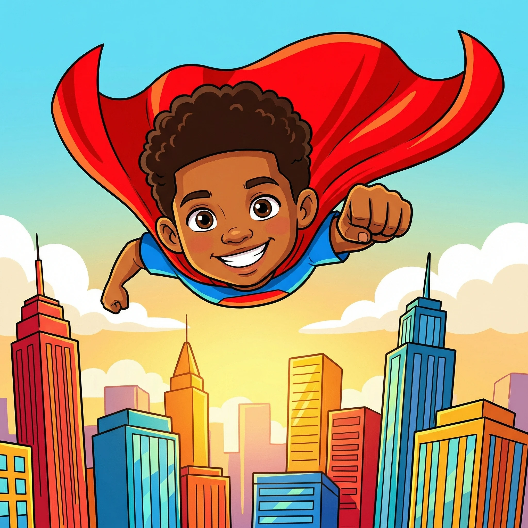 Drengs foto forvandlet til tegneserie superhelt-illustration — illustration